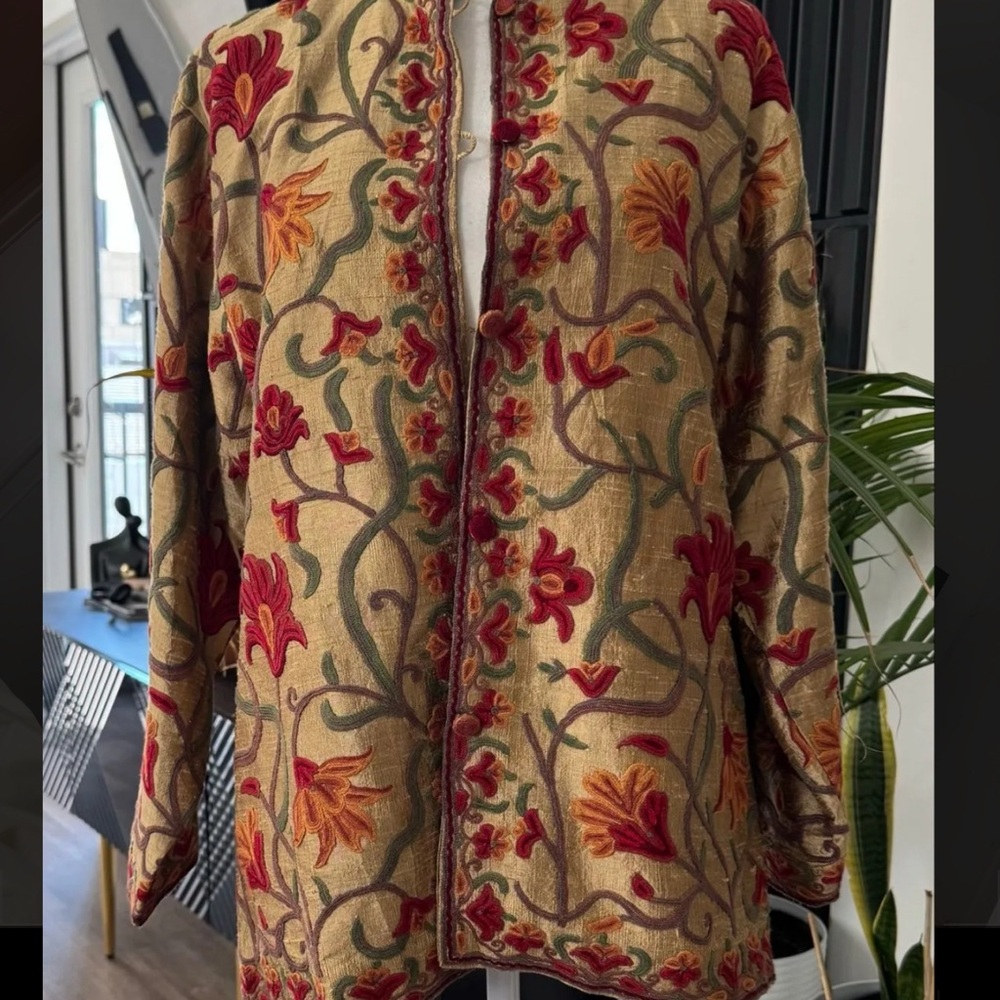 Vintage Gold and Red Kashmiri Embroidered Silk Jacket